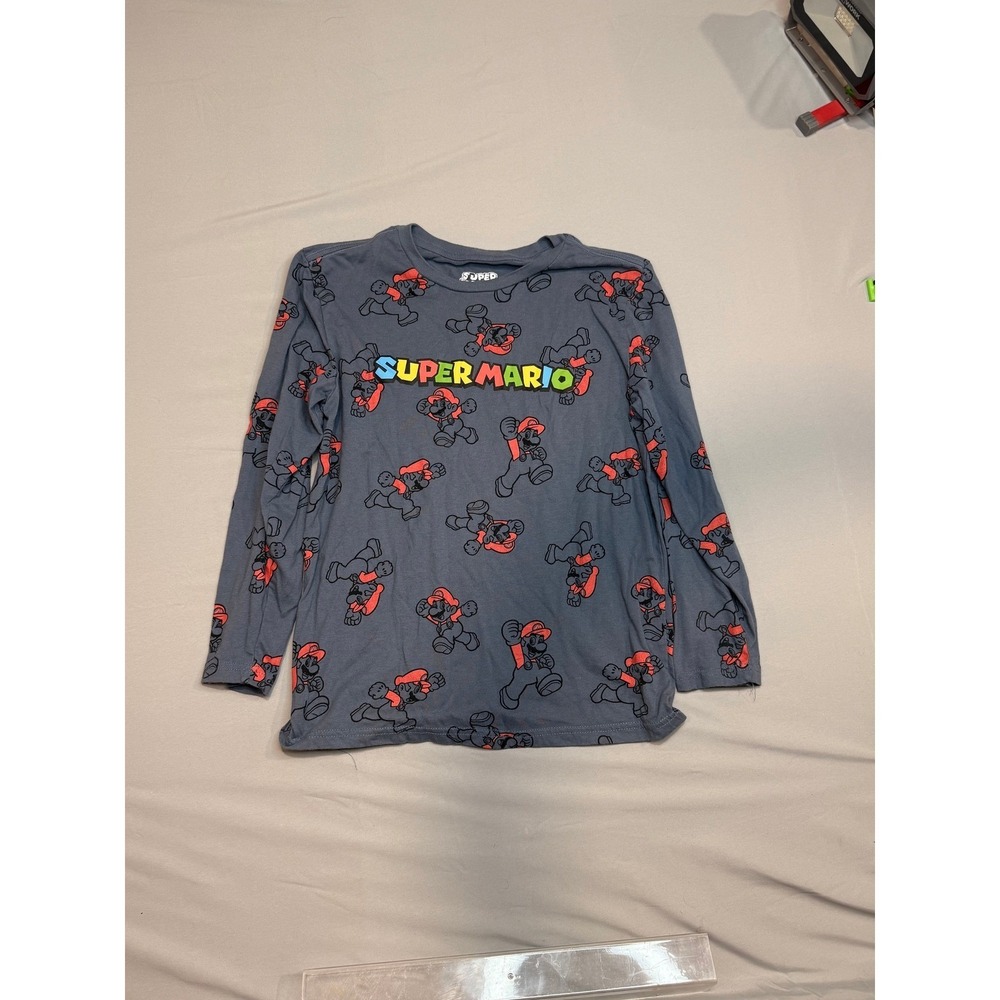 Super Mario Bros Kids Long Sleeve Graphic T-Shirt Gray All Over Print Size L